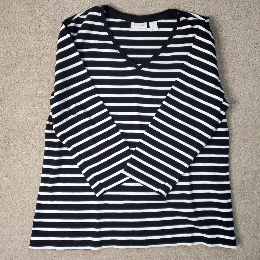 Chico's Black and White Stripe V-Neck Shirt